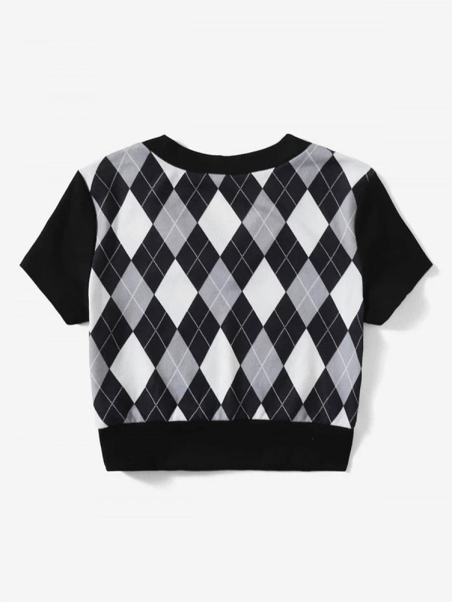 V Neck Argyle Print Tee