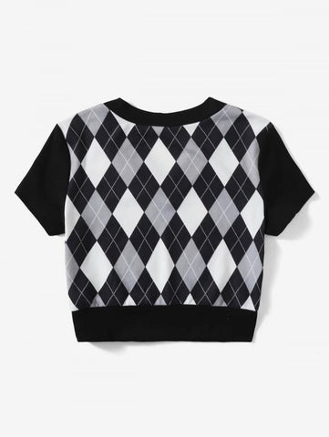 V Neck Argyle Print Tee