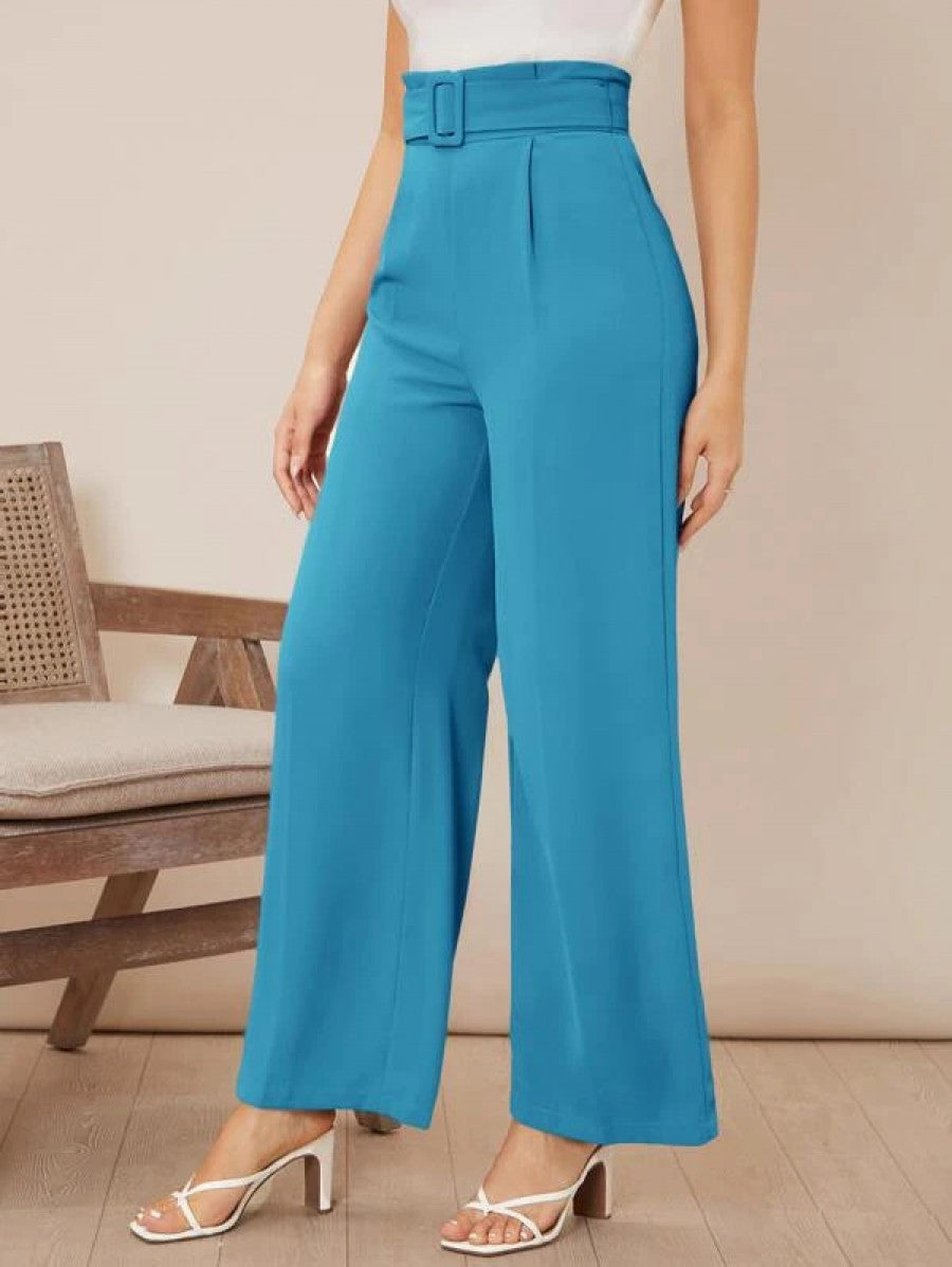 Solid High Waist Belted Wide Leg Pants