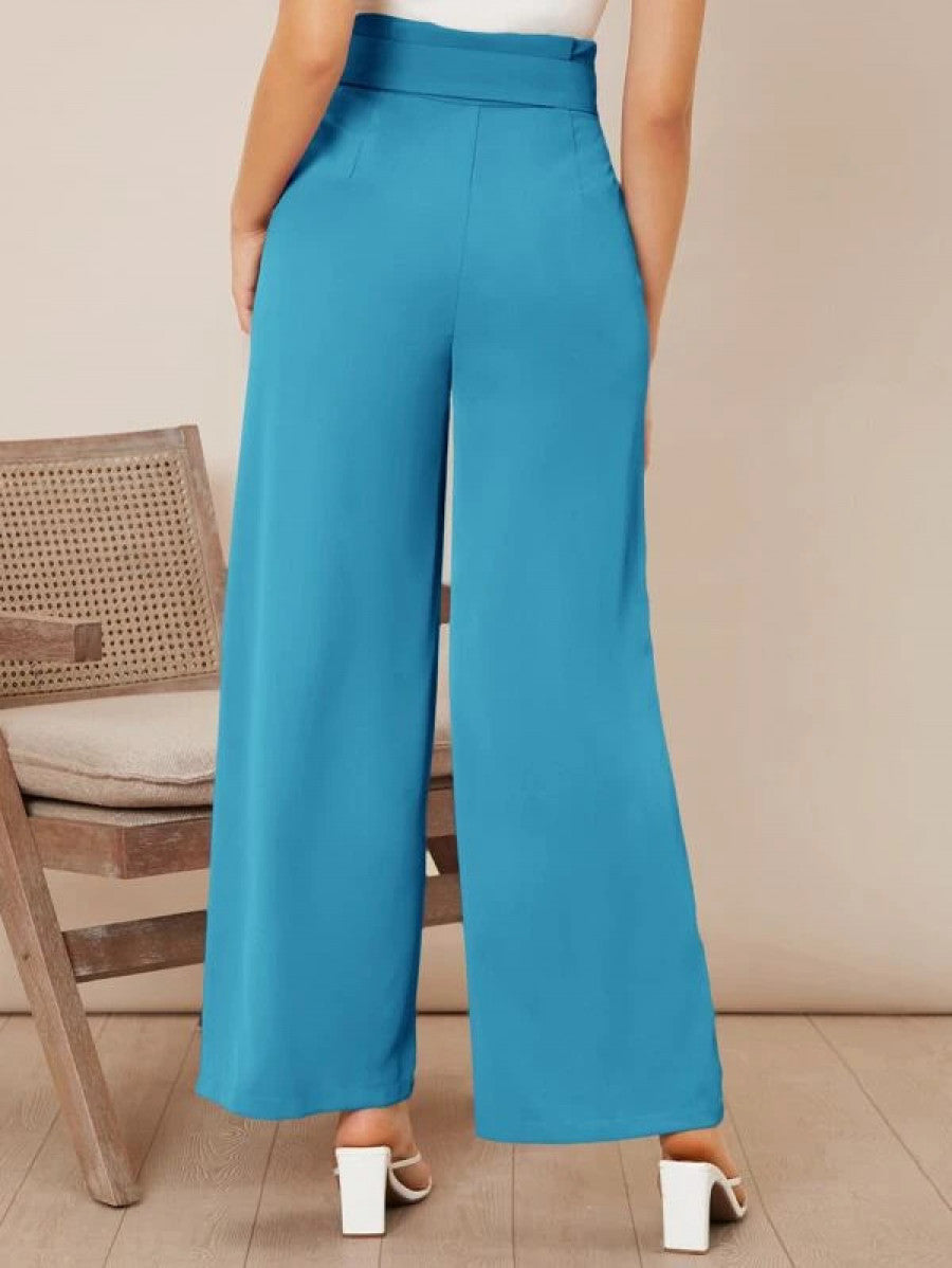 Solid High Waist Belted Wide Leg Pants