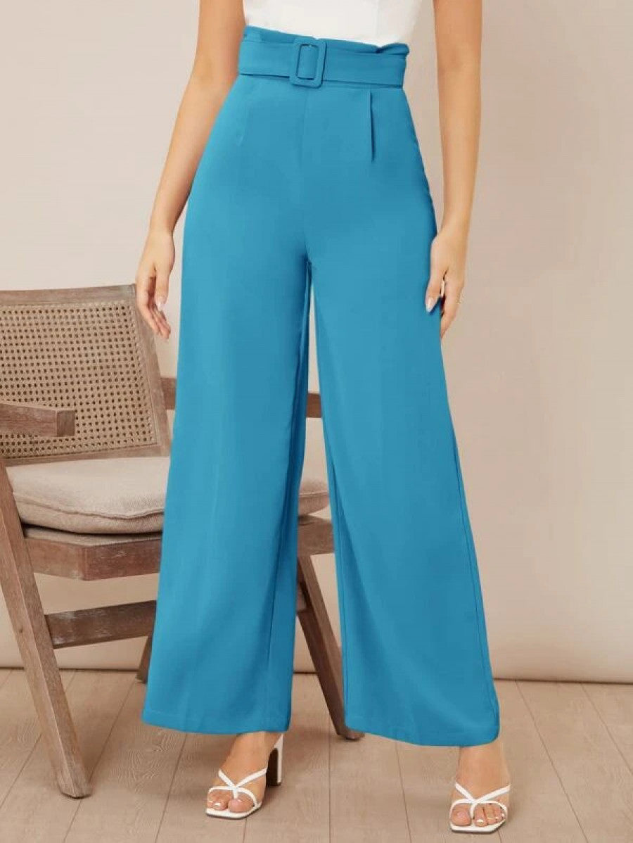 Solid High Waist Belted Wide Leg Pants