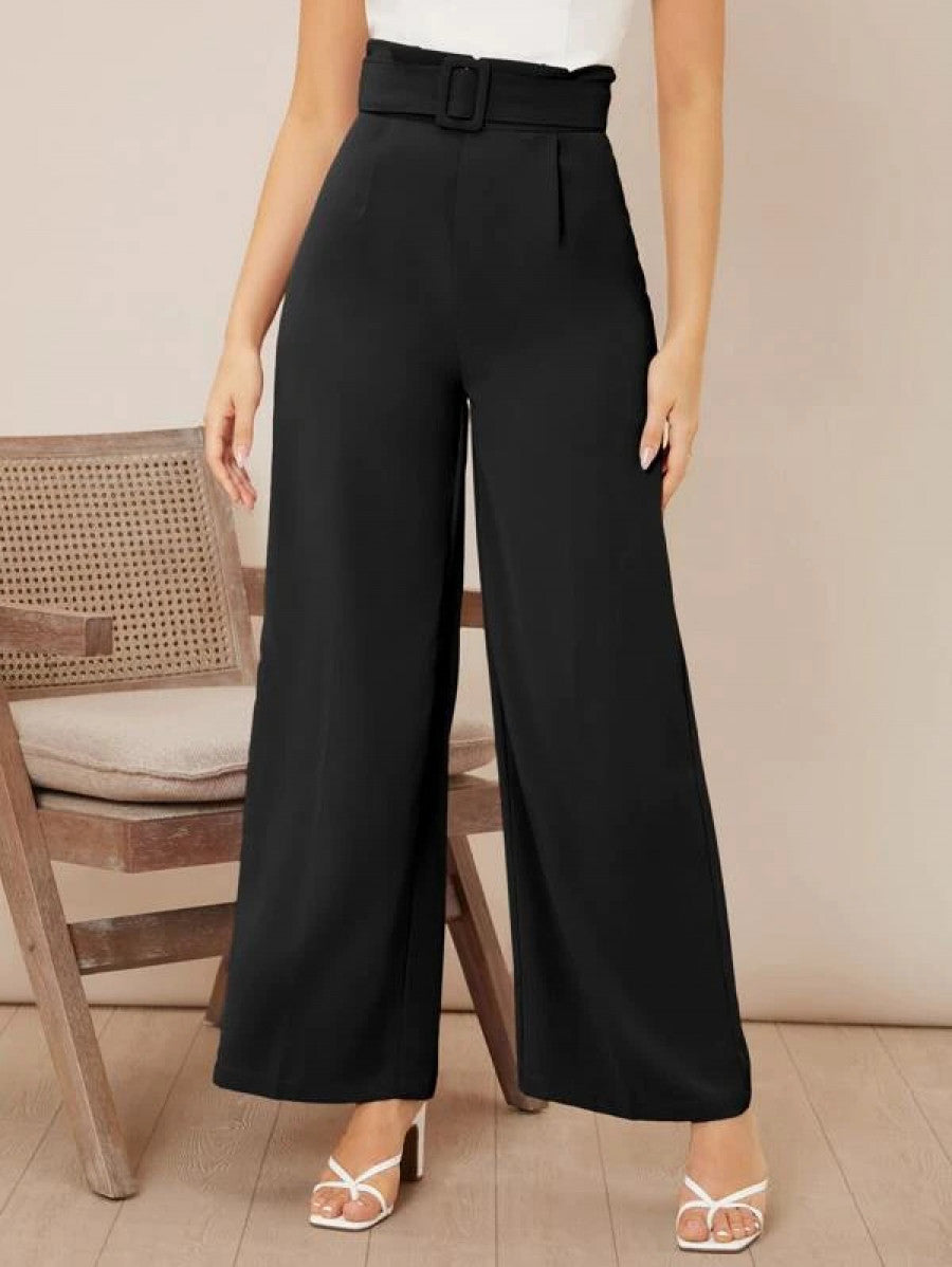 Solid High Waist Belted Wide Leg Pants