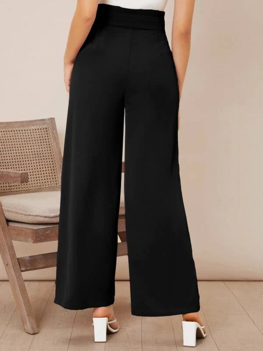 Solid High Waist Belted Wide Leg Pants