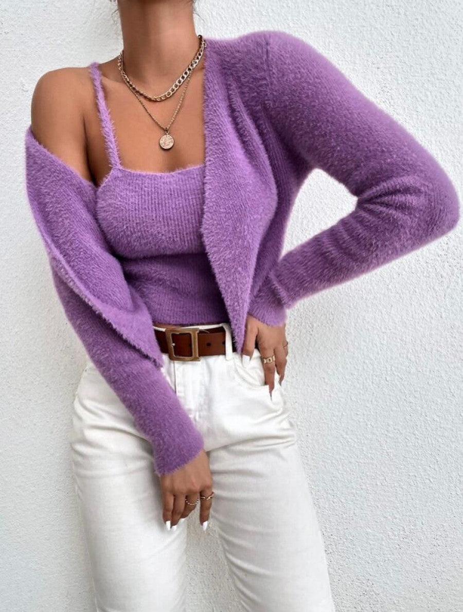 Fluffy Knit Cami Top & Open Front Cardigan