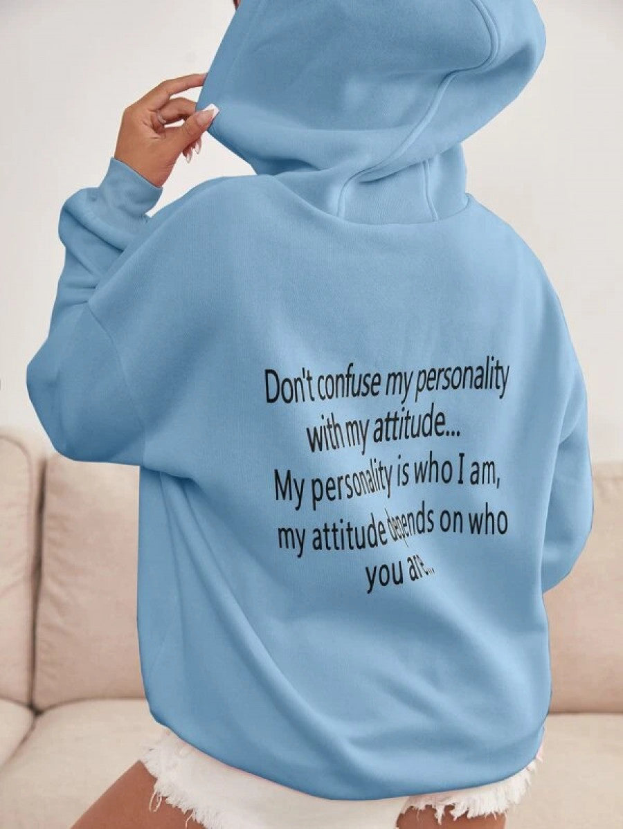 Slogan Graphic Drop Shoulder Drawstring Thermal Hoodie