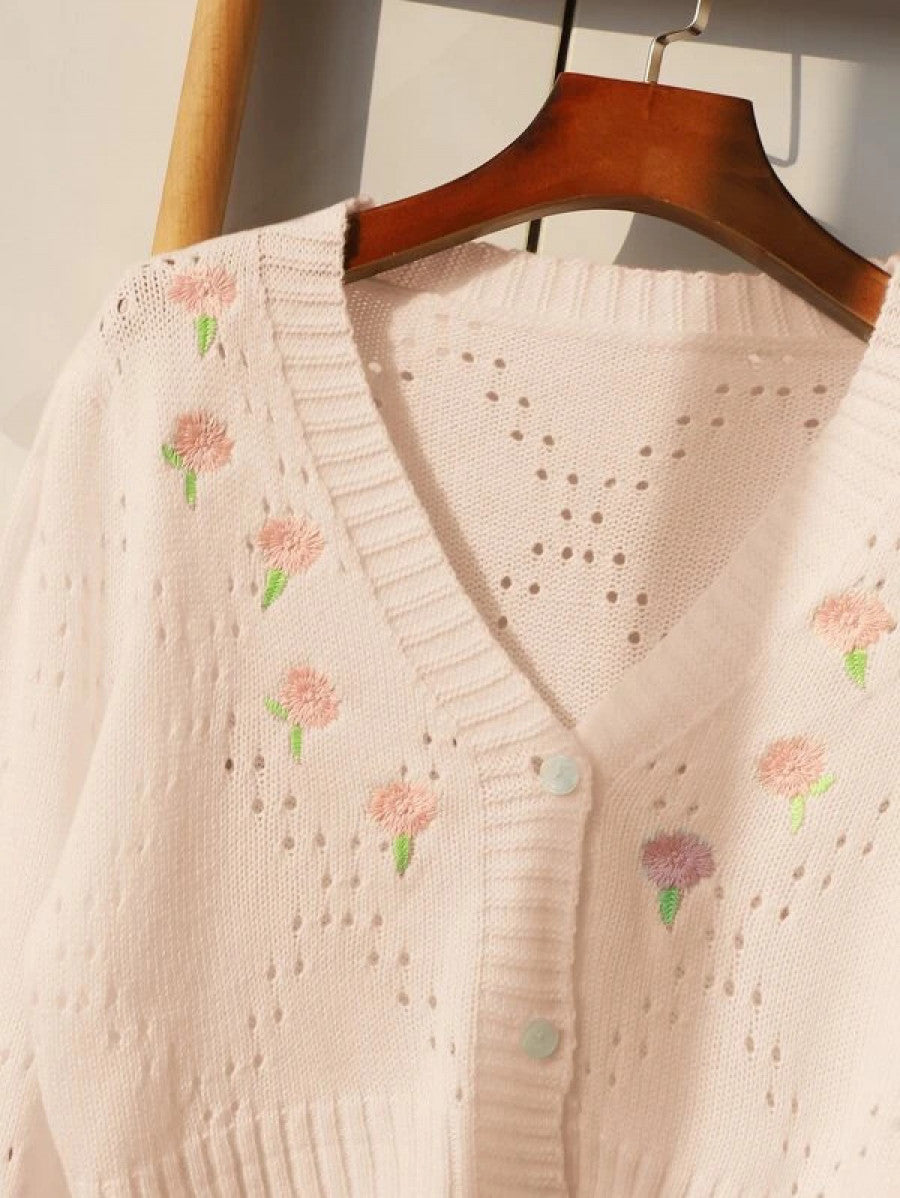 Flower Embroidery Pointelle Knit Crop Cardigan