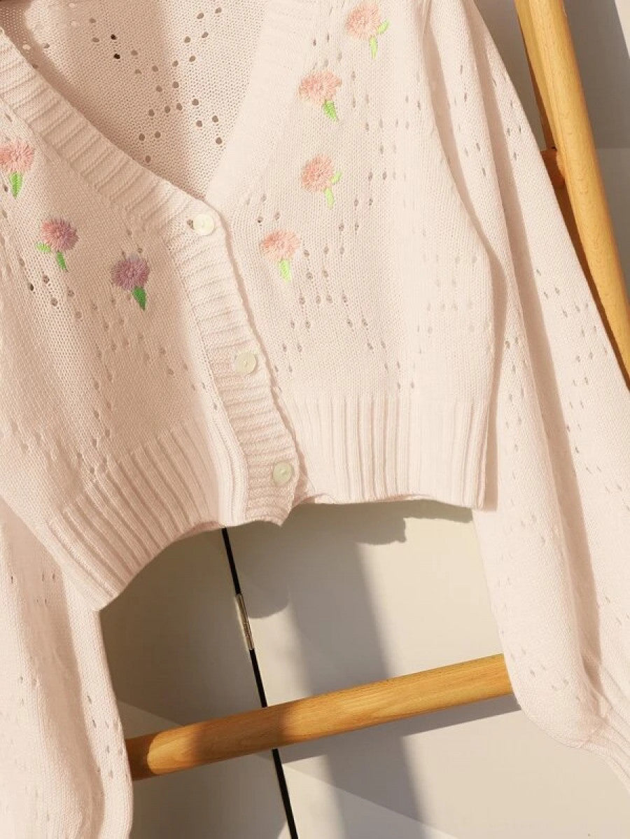 Flower Embroidery Pointelle Knit Crop Cardigan