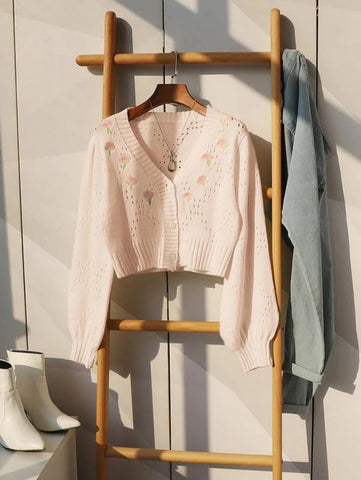 Flower Embroidery Pointelle Knit Crop Cardigan