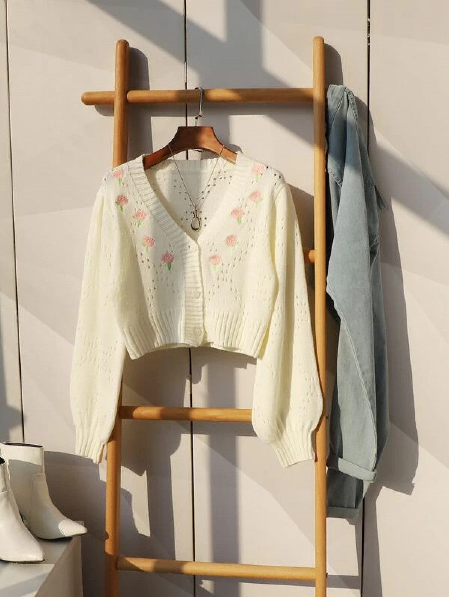 Flower Embroidery Pointelle Knit Crop Cardigan