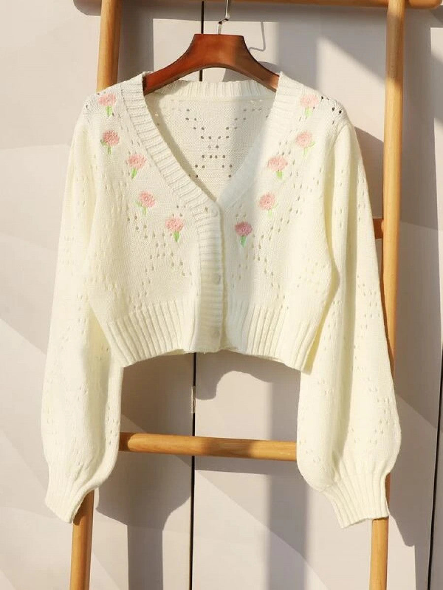 Flower Embroidery Pointelle Knit Crop Cardigan