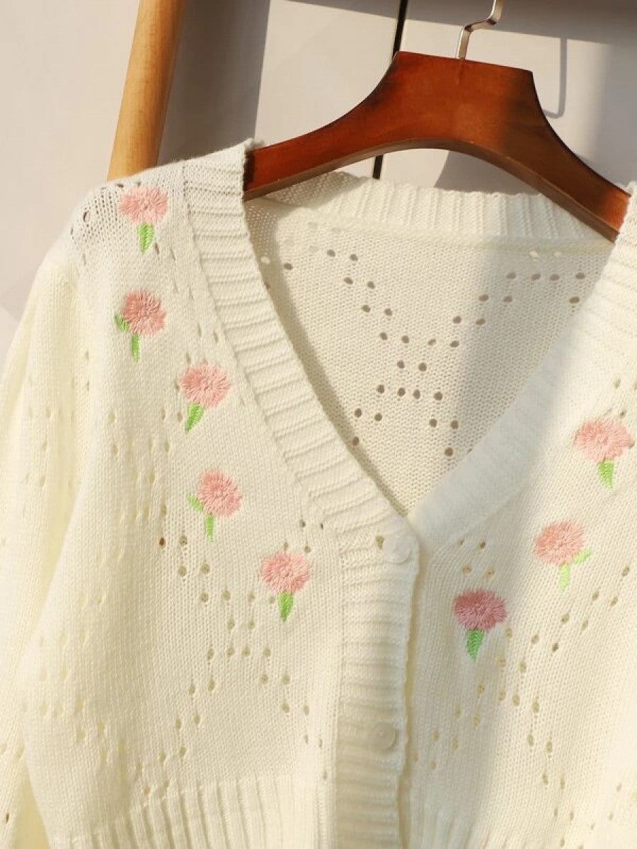 Flower Embroidery Pointelle Knit Crop Cardigan