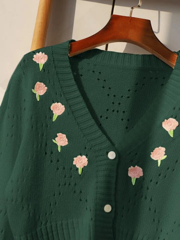 Flower Embroidery Pointelle Knit Crop Cardigan