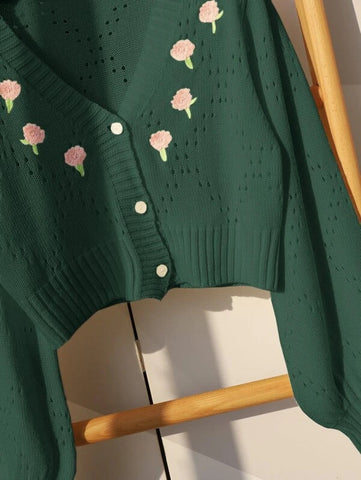 Flower Embroidery Pointelle Knit Crop Cardigan