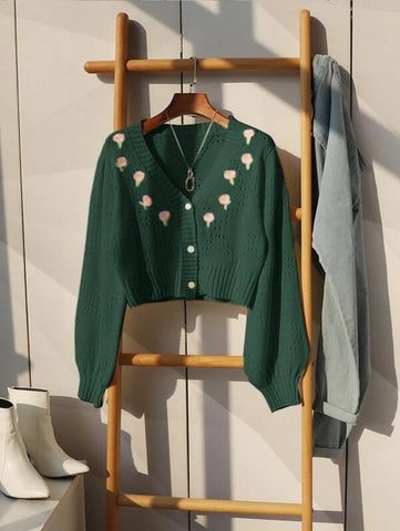 Flower Embroidery Pointelle Knit Crop Cardigan