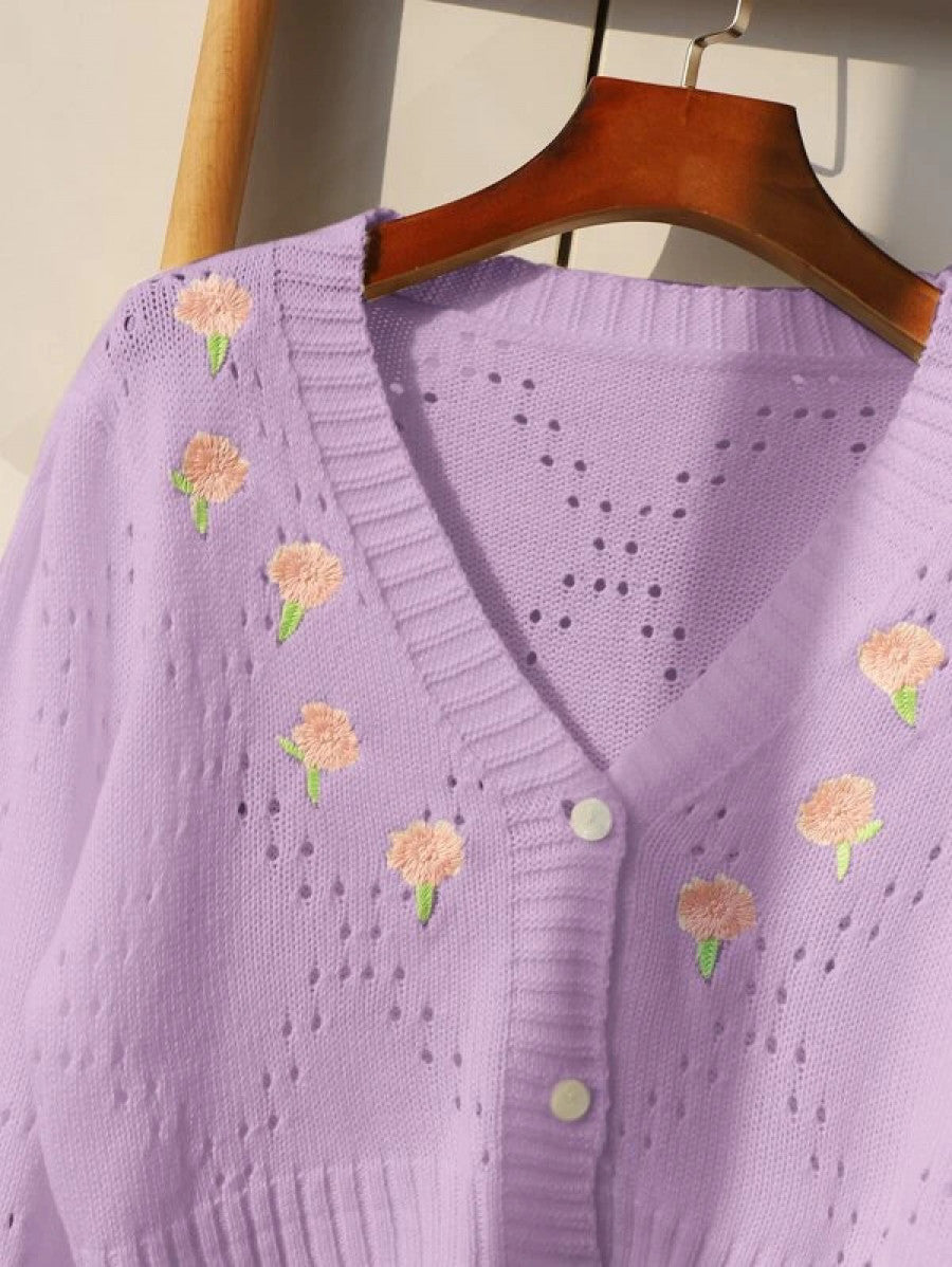 Flower Embroidery Pointelle Knit Crop Cardigan