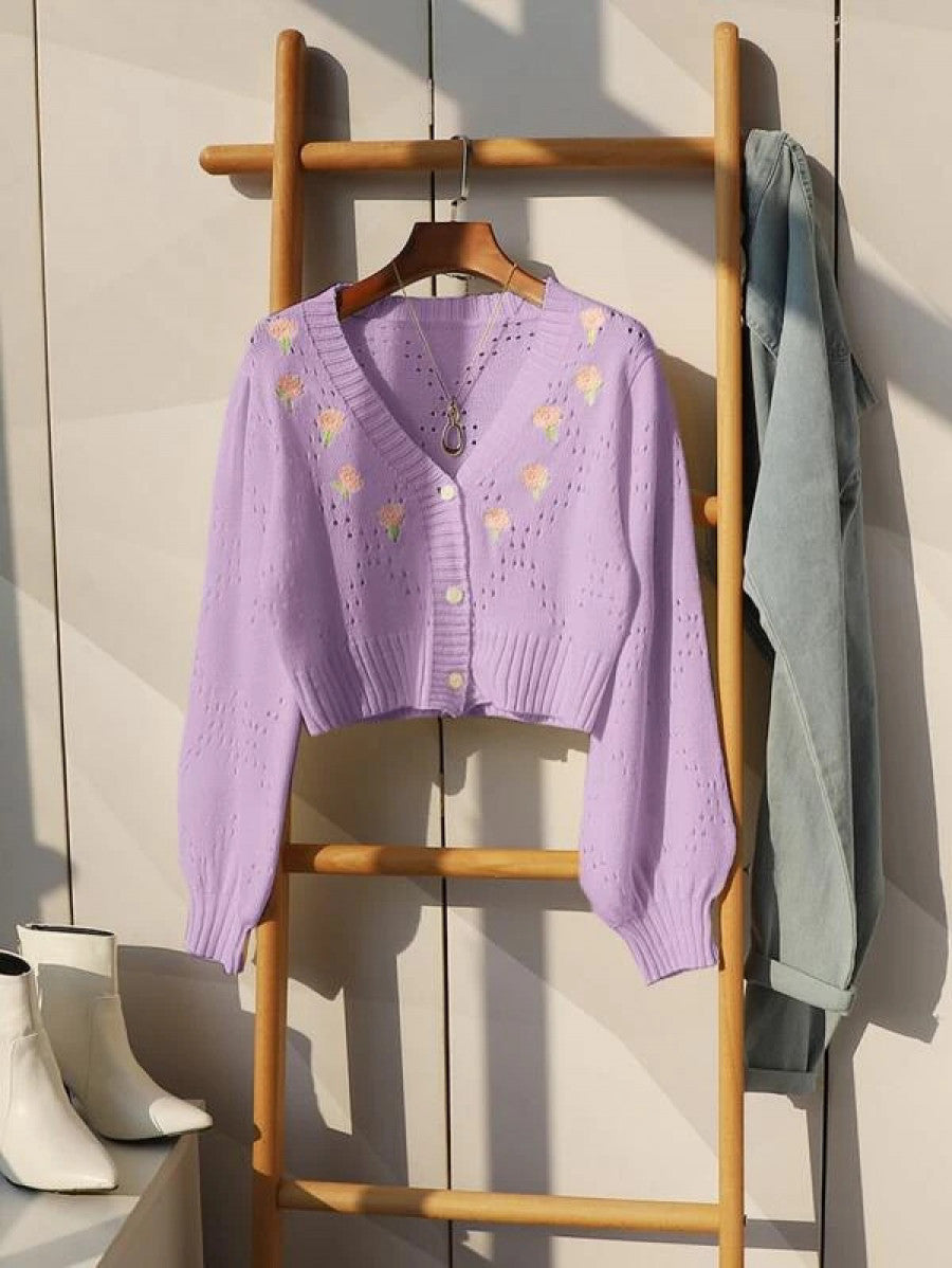 Flower Embroidery Pointelle Knit Crop Cardigan