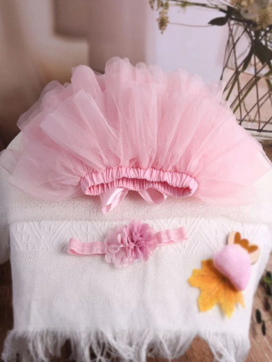 Newborn Photography Ribbon Front Layered Mesh Skirt With Headband