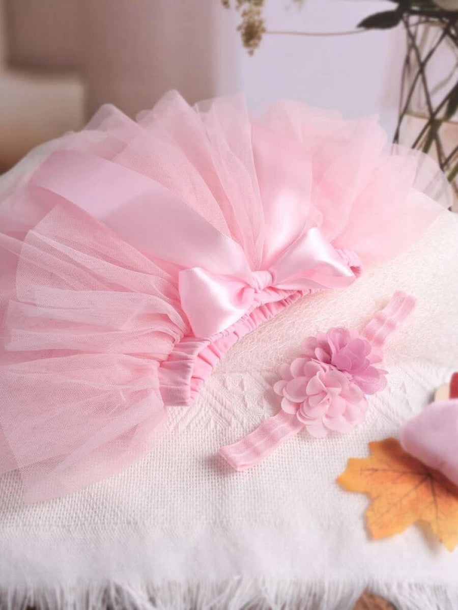 Newborn Photography Ribbon Front Layered Mesh Skirt With Headband