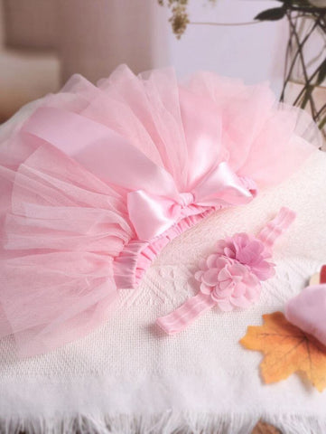 Newborn Photography Ribbon Front Layered Mesh Skirt With Headband