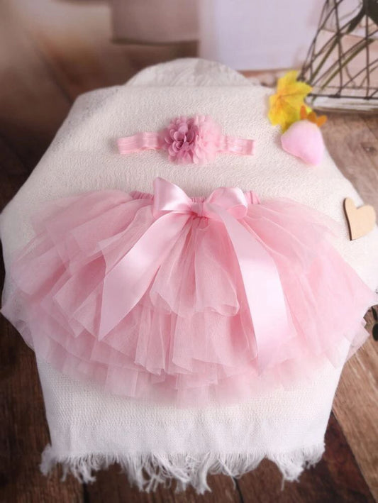 Newborn Photography Ribbon Front Layered Mesh Skirt With Headband