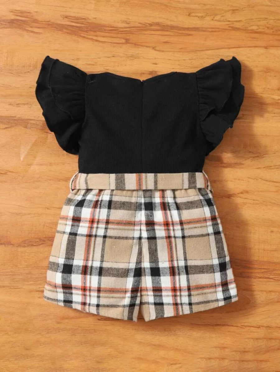 Baby Plaid Ruffle Sleeve Belted Romper