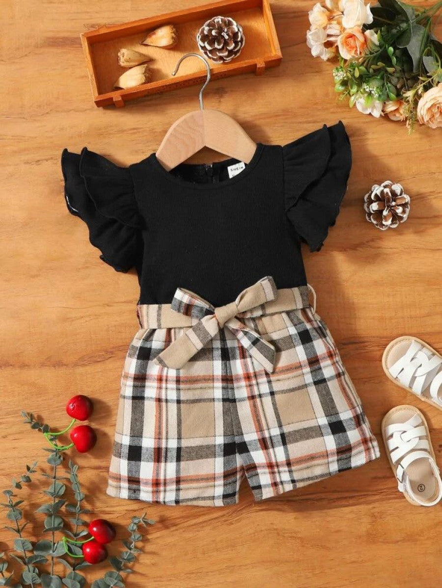 Baby Plaid Ruffle Sleeve Belted Romper