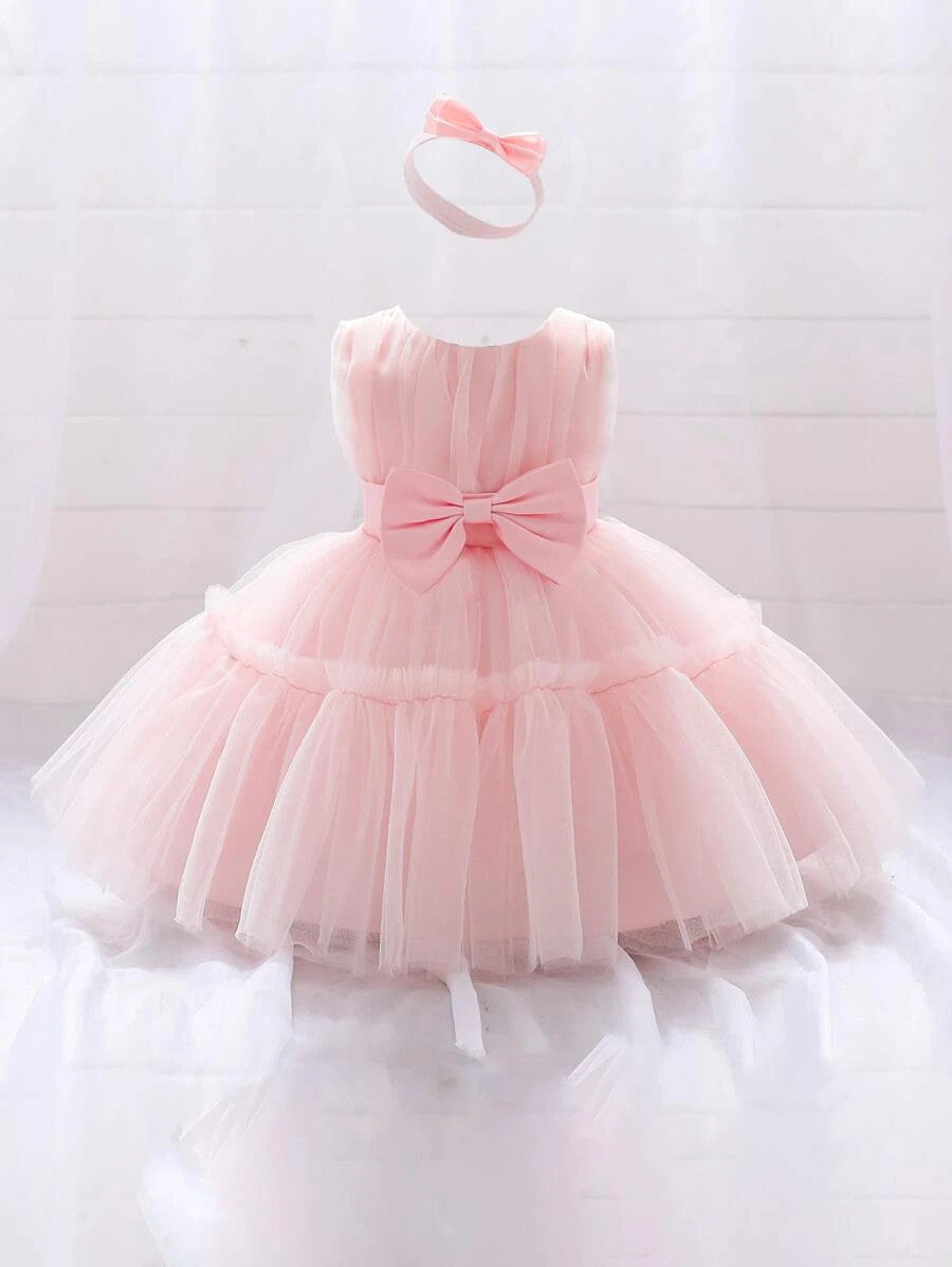 Baby Bow Ruffle Trim Mesh Party Dress & Headband