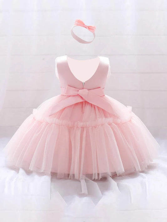 Baby Bow Ruffle Trim Mesh Party Dress & Headband