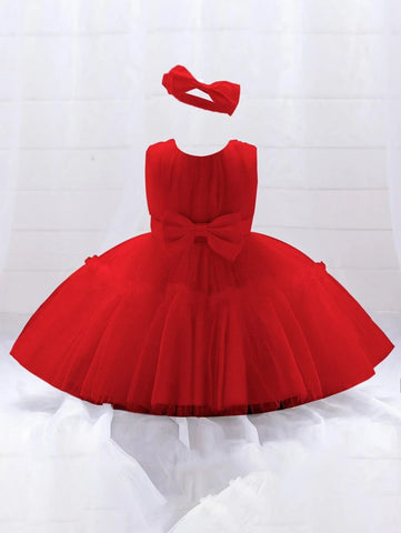 Baby Bow Ruffle Trim Mesh Party Dress & Headband