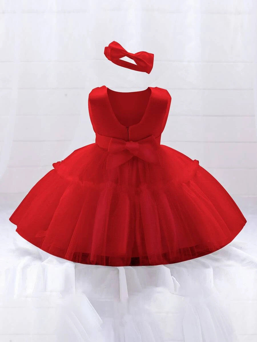 Baby Bow Ruffle Trim Mesh Party Dress & Headband