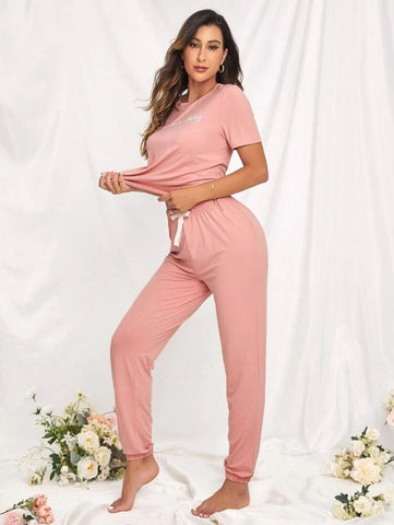 Slogan Graphic Tee & Bow Front Pants Lounge Set