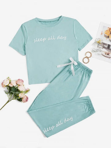 Slogan Graphic Tee & Bow Front Pants Lounge Set