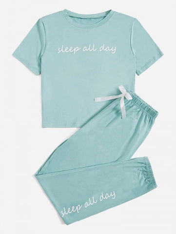 Slogan Graphic Tee & Bow Front Pants Lounge Set