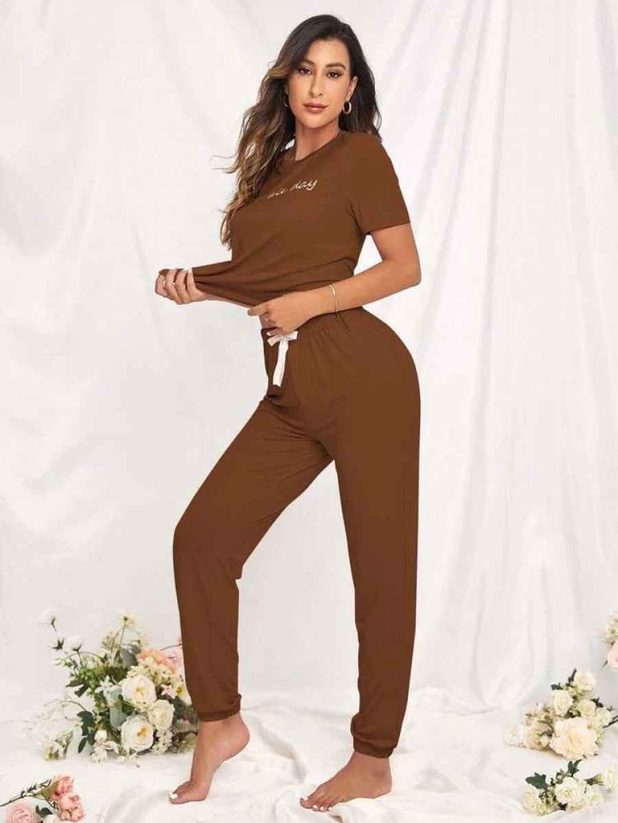 Slogan Graphic Tee & Bow Front Pants Lounge Set