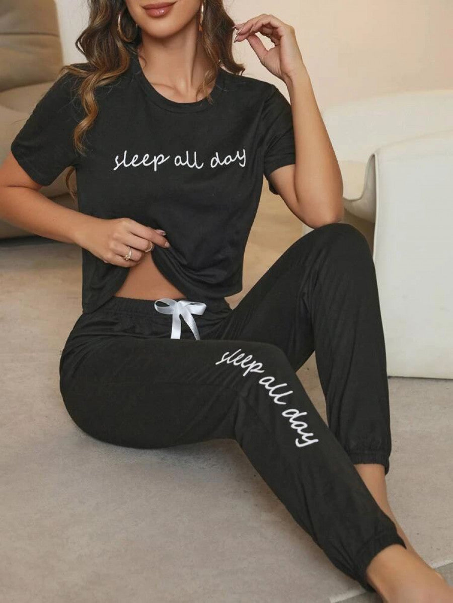 Slogan Graphic Tee & Bow Front Pants Lounge Set