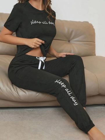 Slogan Graphic Tee & Bow Front Pants Lounge Set