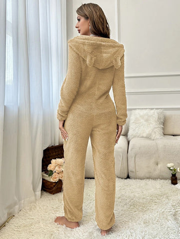 Drop Shoulder 3D Ear Design Hooded Zipper Flannelette Sleep Romper