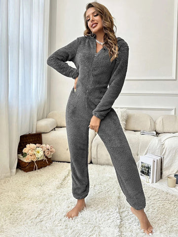 Drop Shoulder 3D Ear Design Hooded Zipper Flannelette Sleep Romper