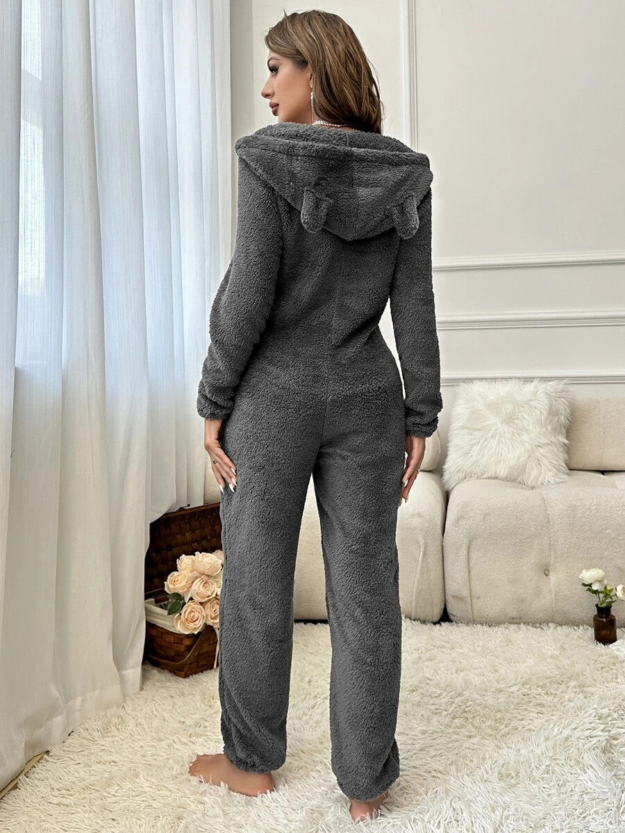 Drop Shoulder 3D Ear Design Hooded Zipper Flannelette Sleep Romper