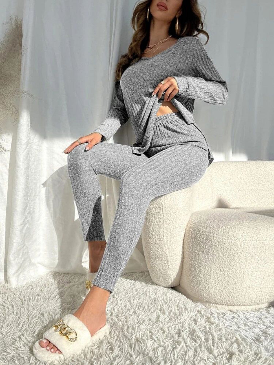 Marled Knit Split Hem Top & Leggings Lounge Set