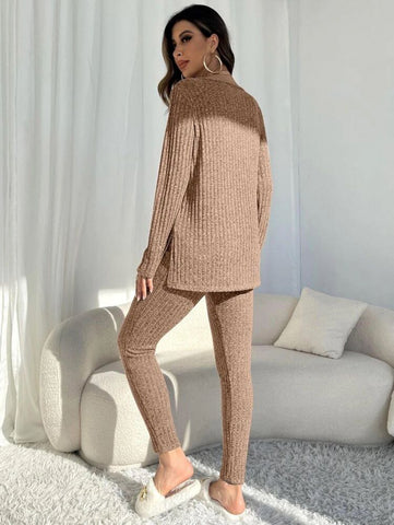 Marled Knit Split Hem Top & Leggings Lounge Set