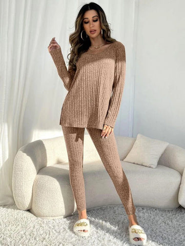 Marled Knit Split Hem Top & Leggings Lounge Set