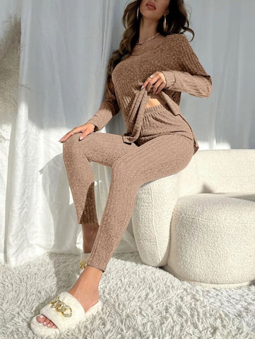 Marled Knit Split Hem Top & Leggings Lounge Set