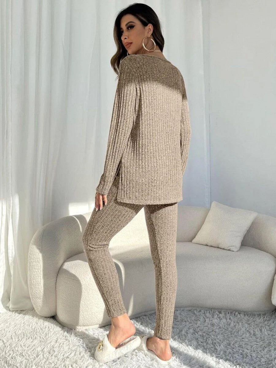 Marled Knit Split Hem Top & Leggings Lounge Set