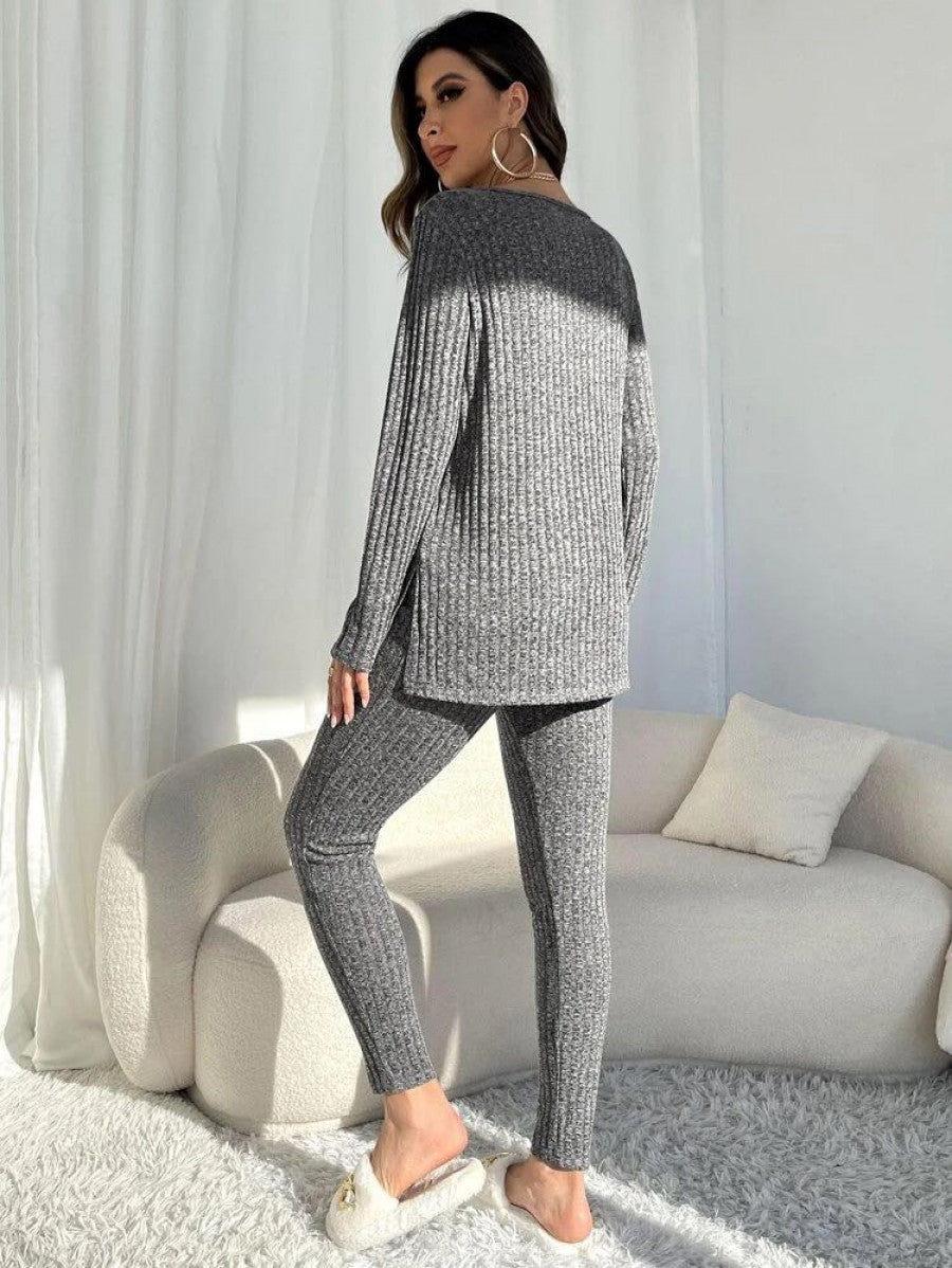 Marled Knit Split Hem Top & Leggings Lounge Set