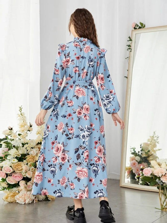 Teen Girls Floral Print Frill Trim Lantern Sleeve Belted Dress