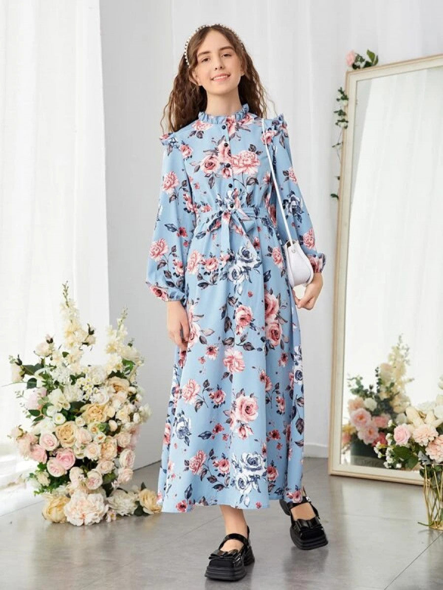 Teen Girls Floral Print Frill Trim Lantern Sleeve Belted Dress