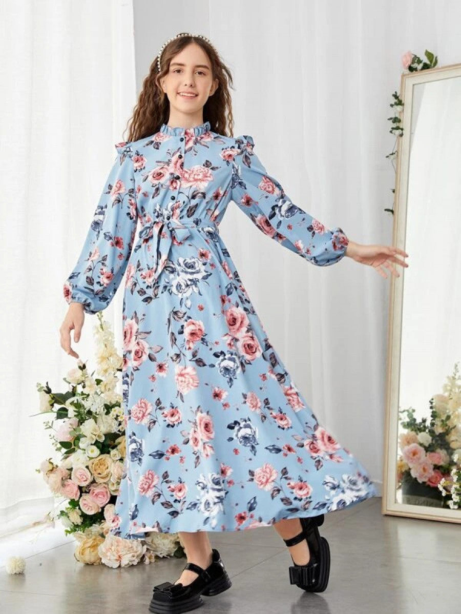 Teen Girls Floral Print Frill Trim Lantern Sleeve Belted Dress