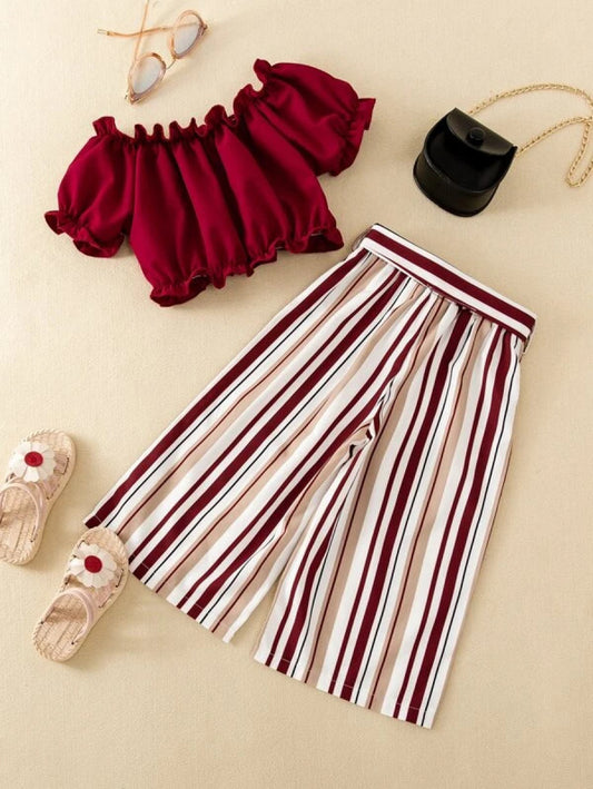 Toddler Girls Frill Trim Top & Block Striped Belted Wide Leg Pants