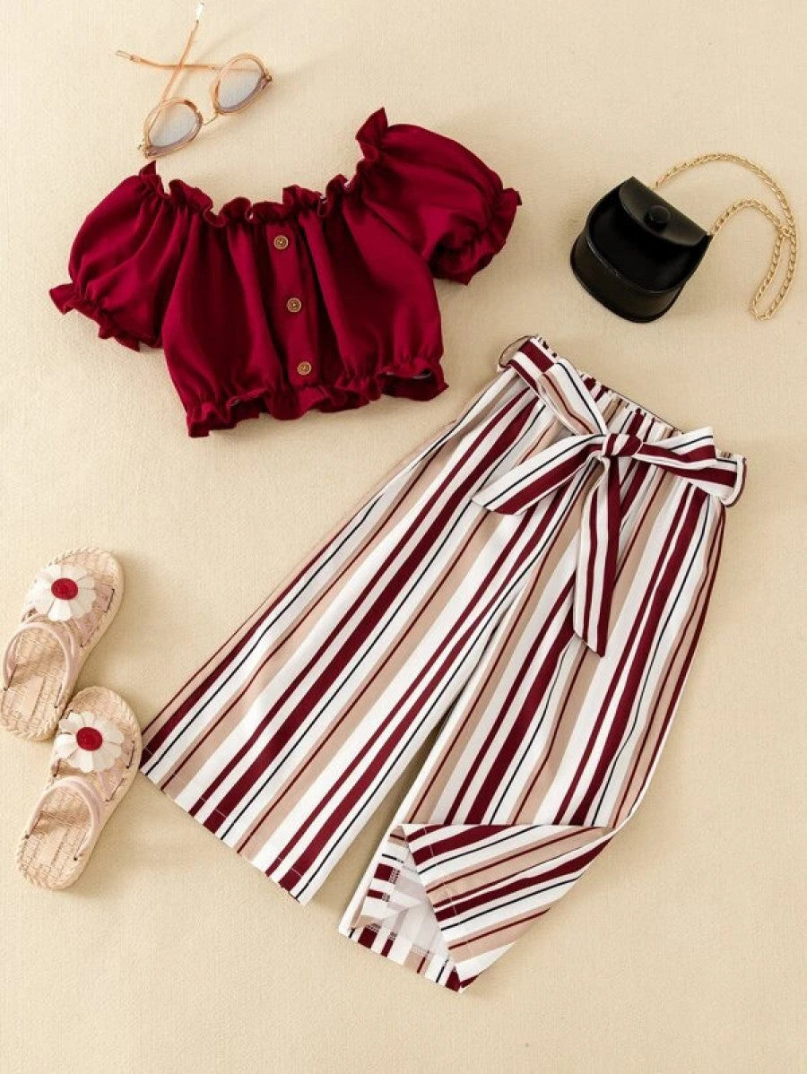 Toddler Girls Frill Trim Top & Block Striped Belted Wide Leg Pants